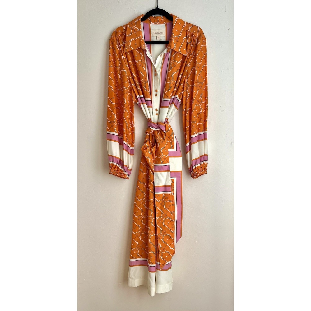 Sunset Lover $1299 Elbaz 100% Silk Buttoned Caftan Dress Scarfe Print US 12 - Picture 6 of 12